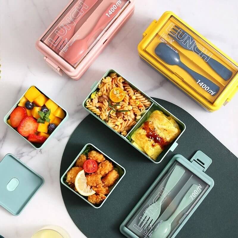 4 In 1 Double Layer Plastic Lunch Box With Cutlery Set