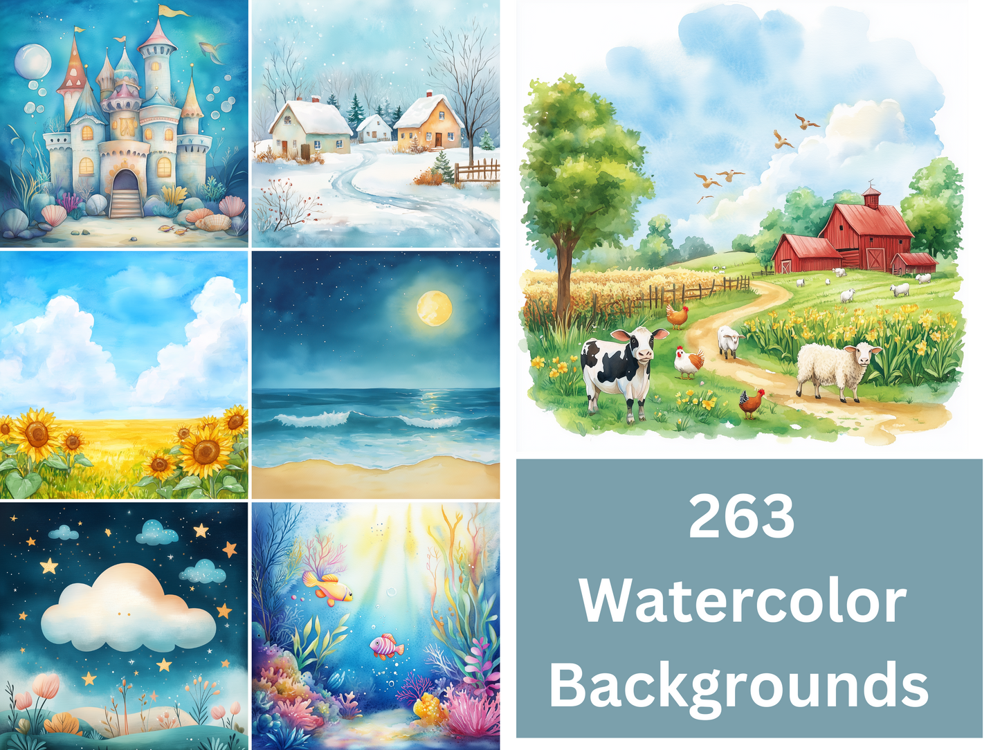 263 Watercolor Background Illustrations Bundle Royalty-Free Art for Kids' Book Designs| Digital Art Creations