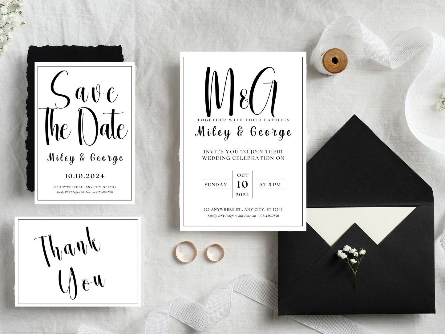 Monochrome Minimalist Wedding Theme Printable Template | Canva Templates