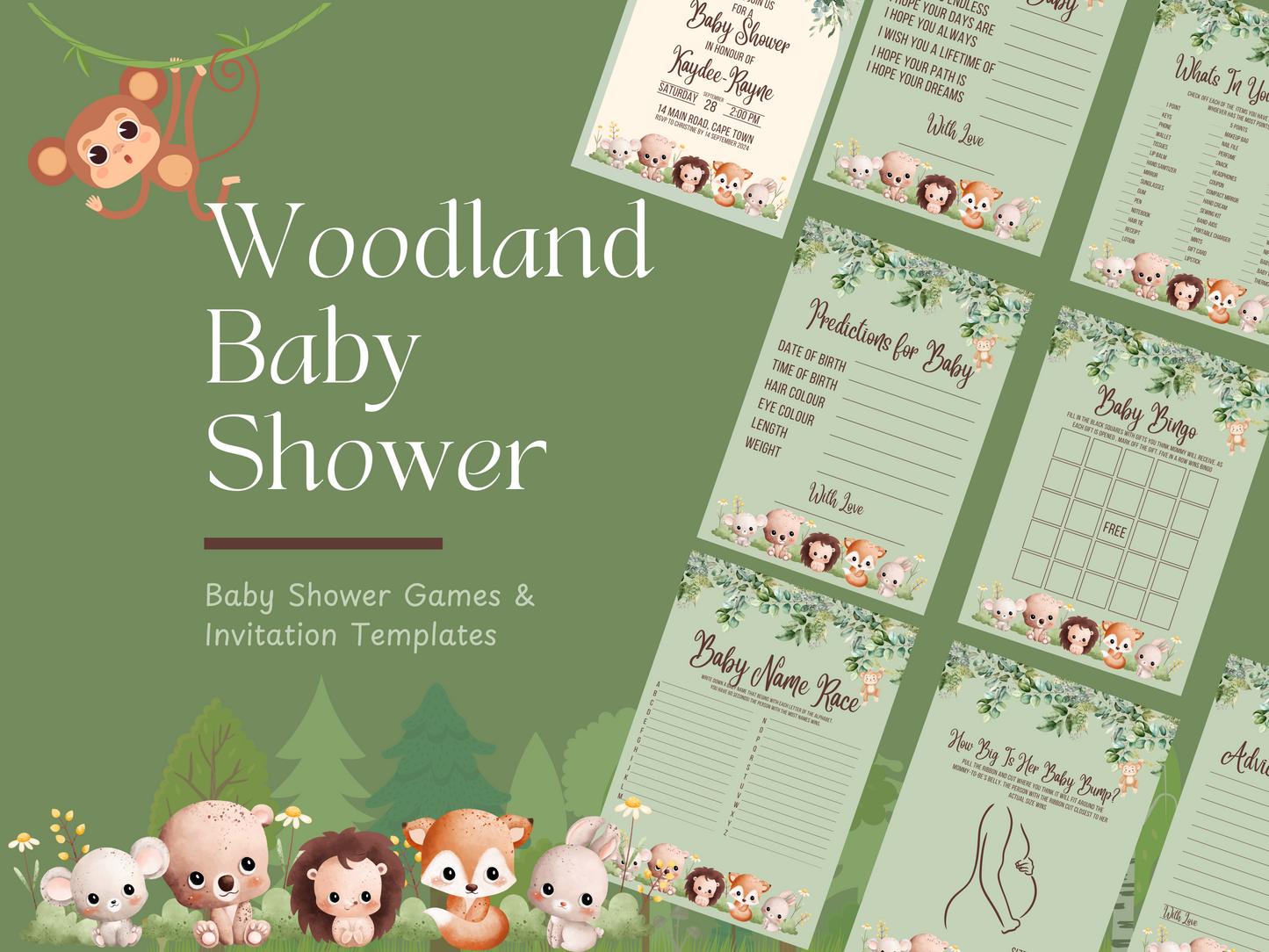 Woodland Baby Shower Games and Invitation Printable Digital Download Canva Template Bundle