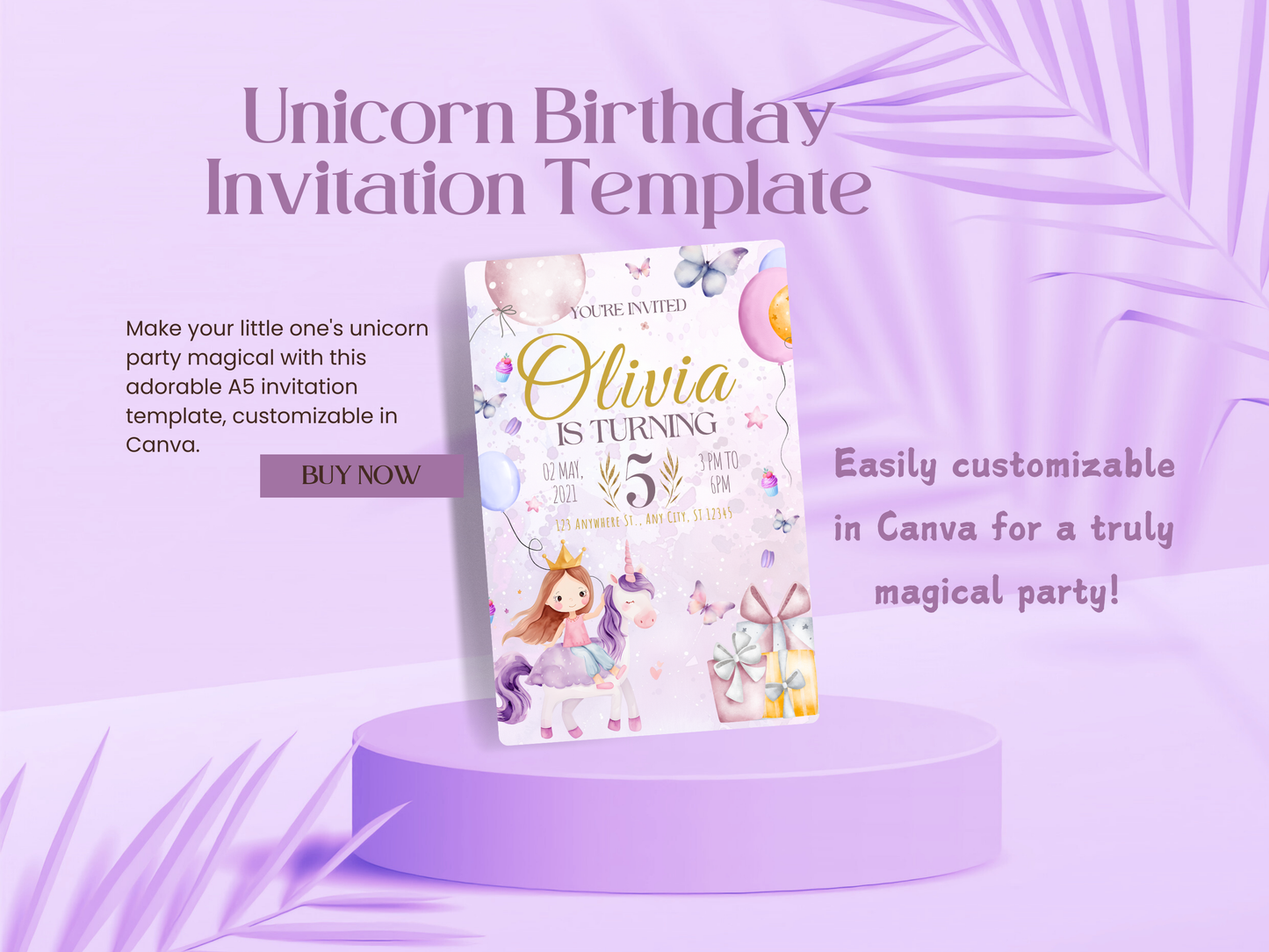 Unicorn Party Invitation Template Editable in Canva | Magical Kids Birthday Invitation Printable Unicorn Birthday Invite
