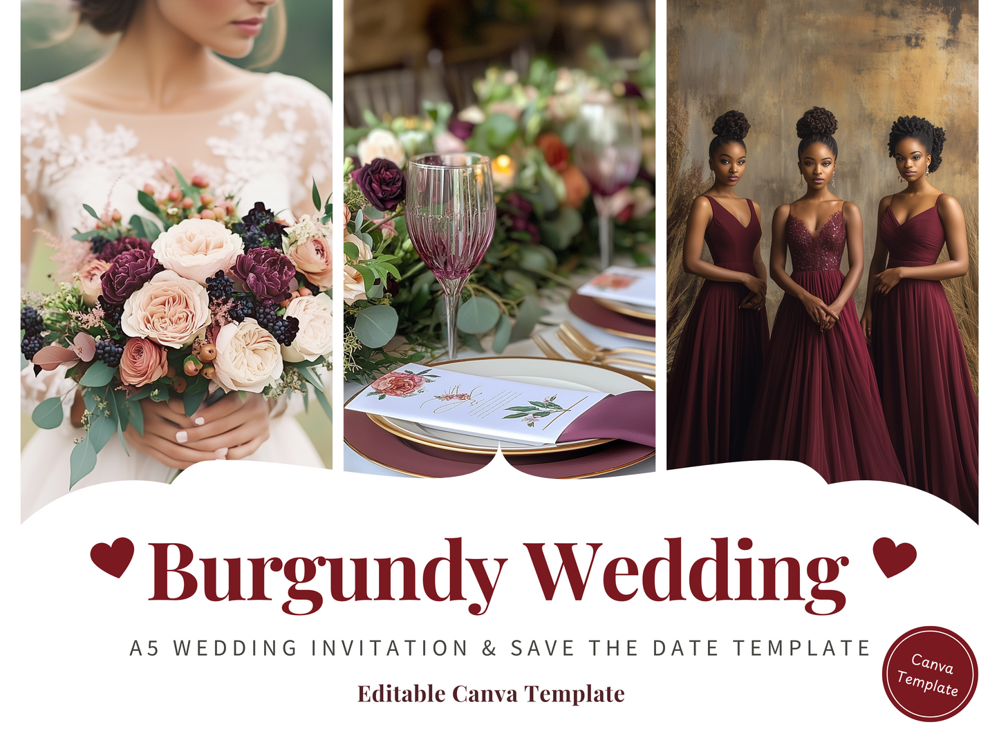 Burgundy Wedding Invitation & Save the Date Template Editable in Canva |Elegant Floral Wedding Set Printable Digital Invitation
