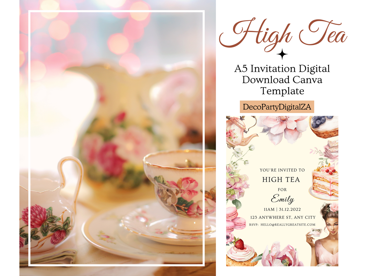 High Tea Party Invitation Template Editable in Canva | Elegant Tea Party Invitation Printable Afternoon Tea Invite