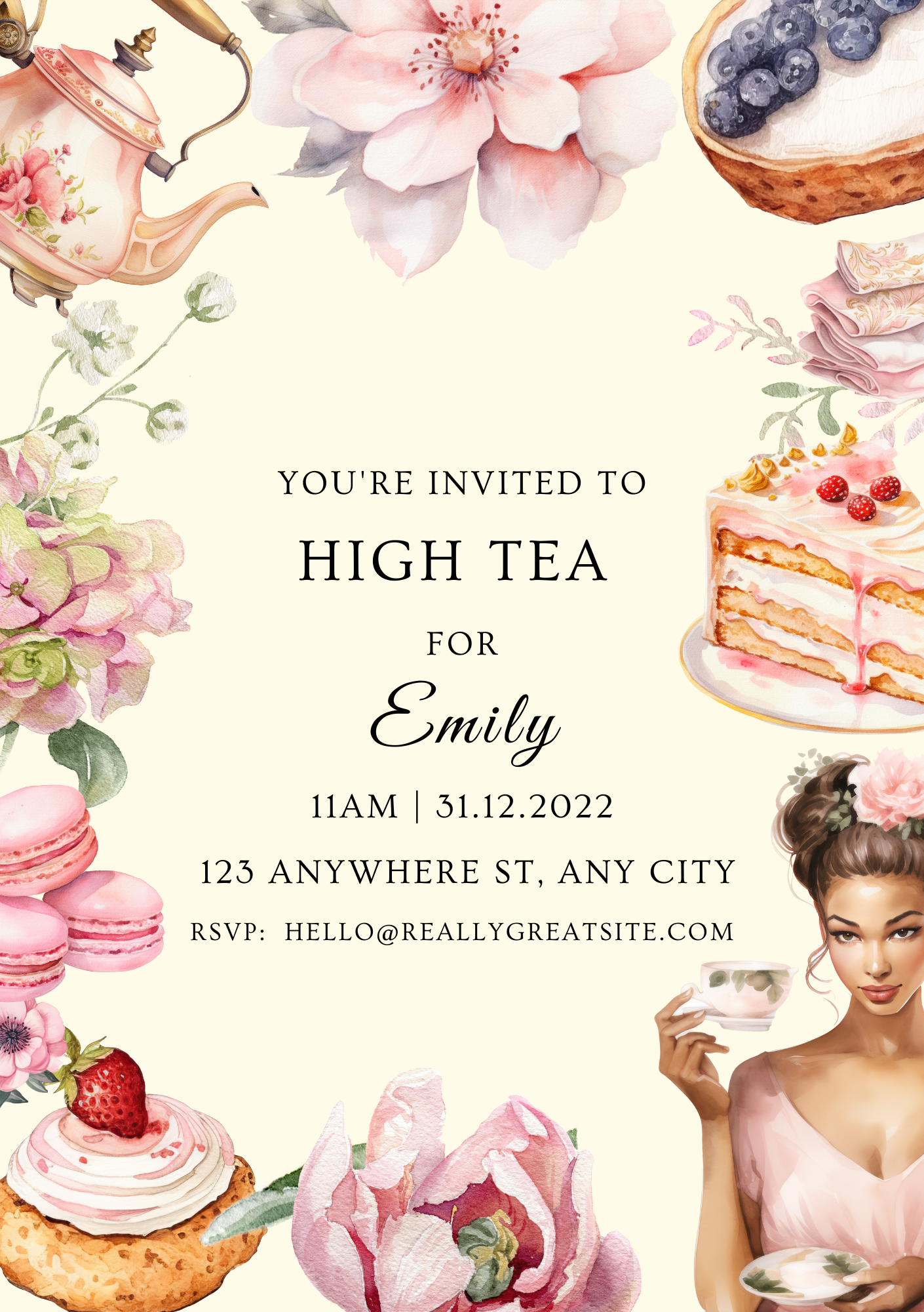 High Tea Party Invitation Template Editable in Canva | Elegant Tea Party Invitation Printable Afternoon Tea Invite
