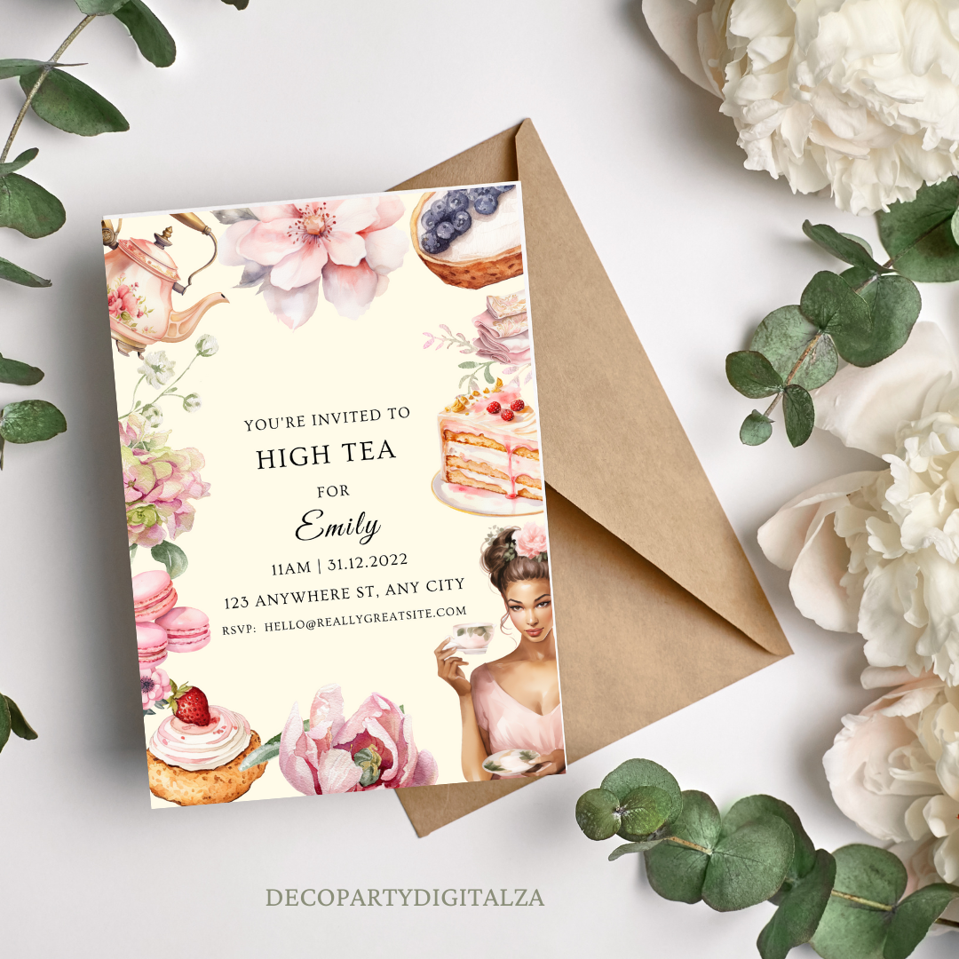 High Tea Party Invitation Template Editable in Canva | Elegant Tea Party Invitation Printable Afternoon Tea Invite