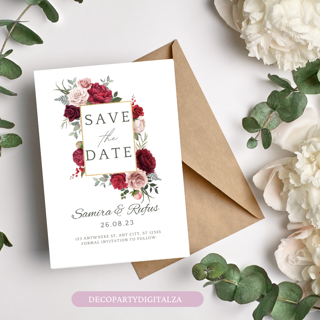 Burgundy Wedding Invitation & Save the Date Template Editable in Canva |Elegant Floral Wedding Set Printable Digital Invitation