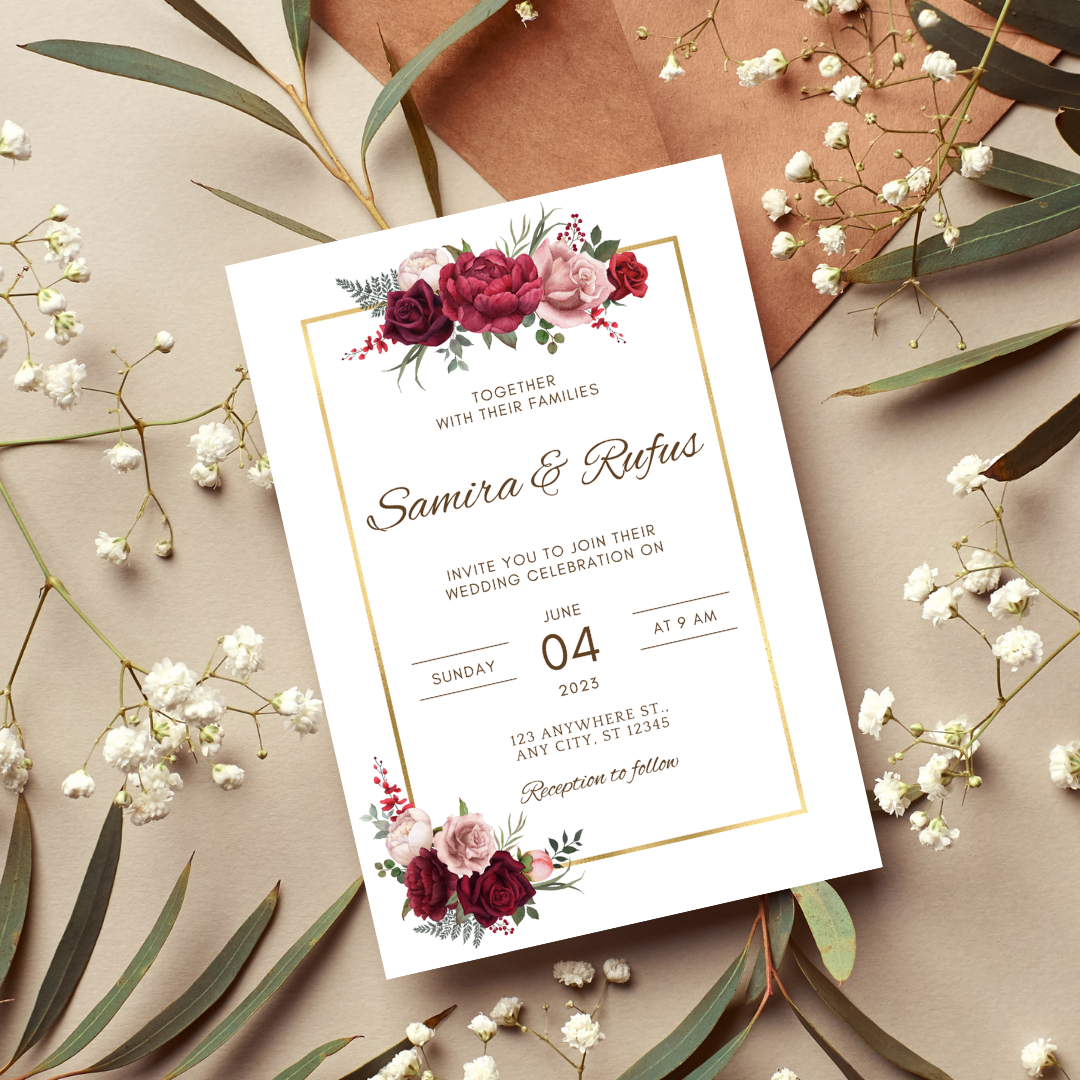 Burgundy Wedding Invitation & Save the Date Template Editable in Canva |Elegant Floral Wedding Set Printable Digital Invitation