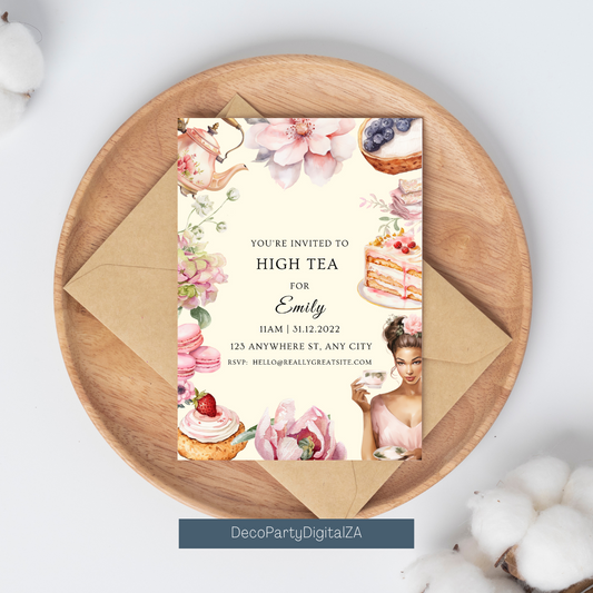 High Tea Party Invitation Template Editable in Canva | Elegant Tea Party Invitation Printable Afternoon Tea Invite