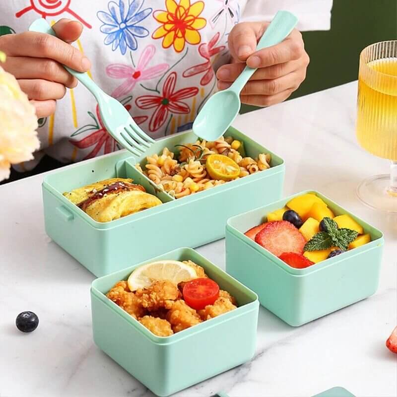 4 In 1 Double Layer Plastic Lunch Box With Cutlery Set