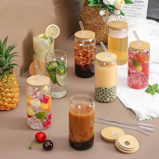 4 Pieces Can Shaped Drinking Glass with Bamboo Lids and Glass Straw Set