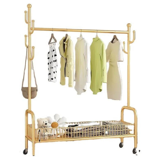 Garment Rack with Bottom Shelves for Storage and Side Hooks with Wheels